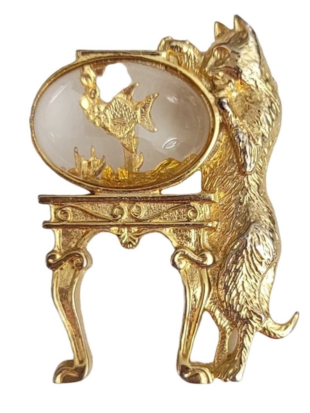 1928 Jewelry Gold Tone Cat And Fish Bowl Brooch Pin